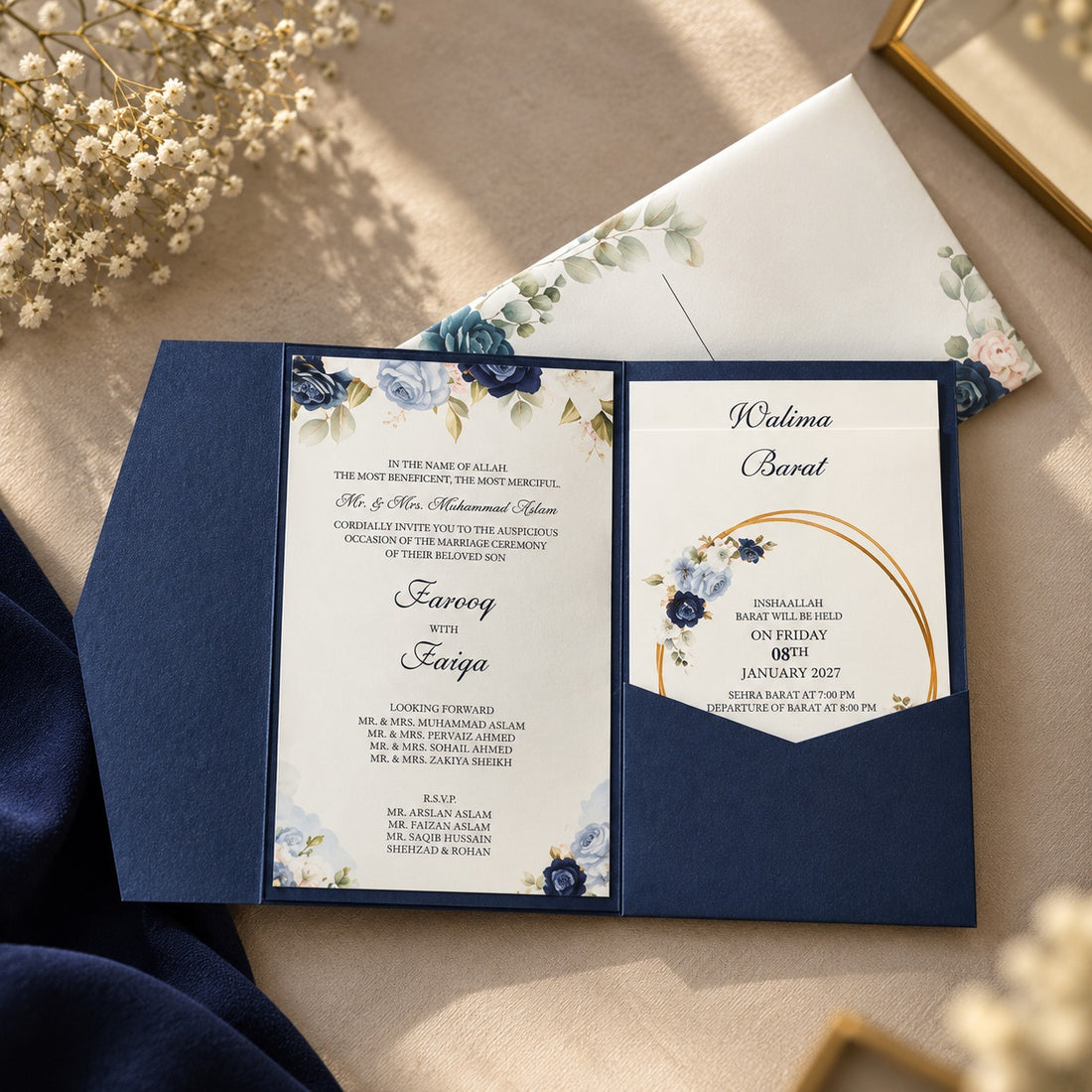 Navy Floral Pocket Invitation Card