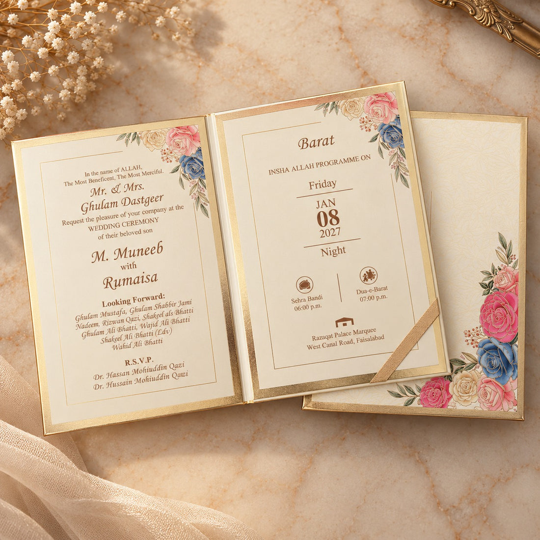 Red Floral & Royal white Gold Texture Invitation