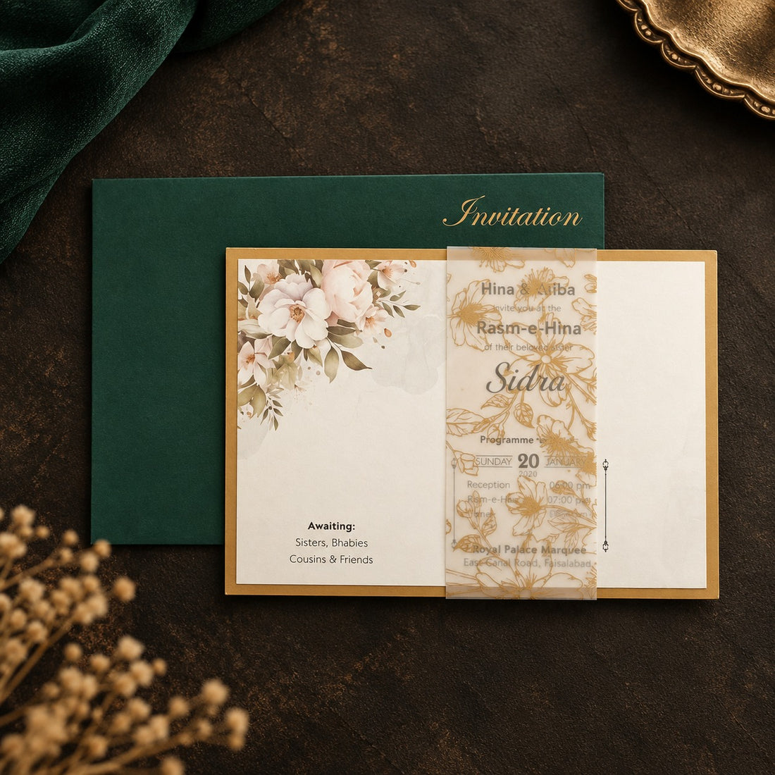 Emerald Green & Gold Floral Wedding Invitation