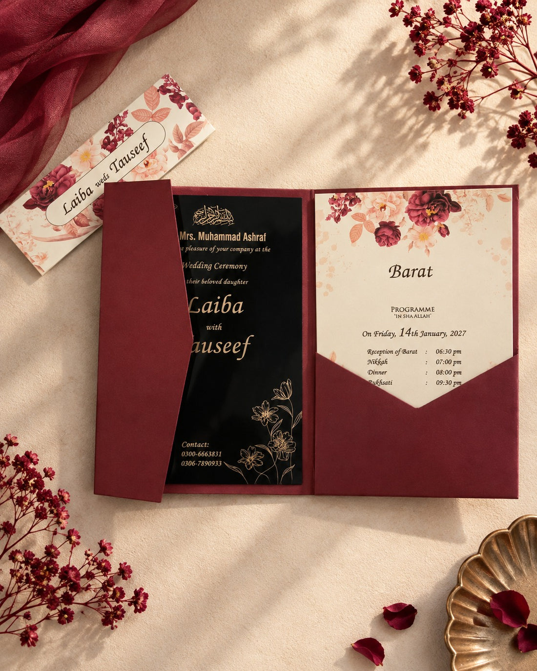 Floral Burgundy Pocket Wedding Invitation