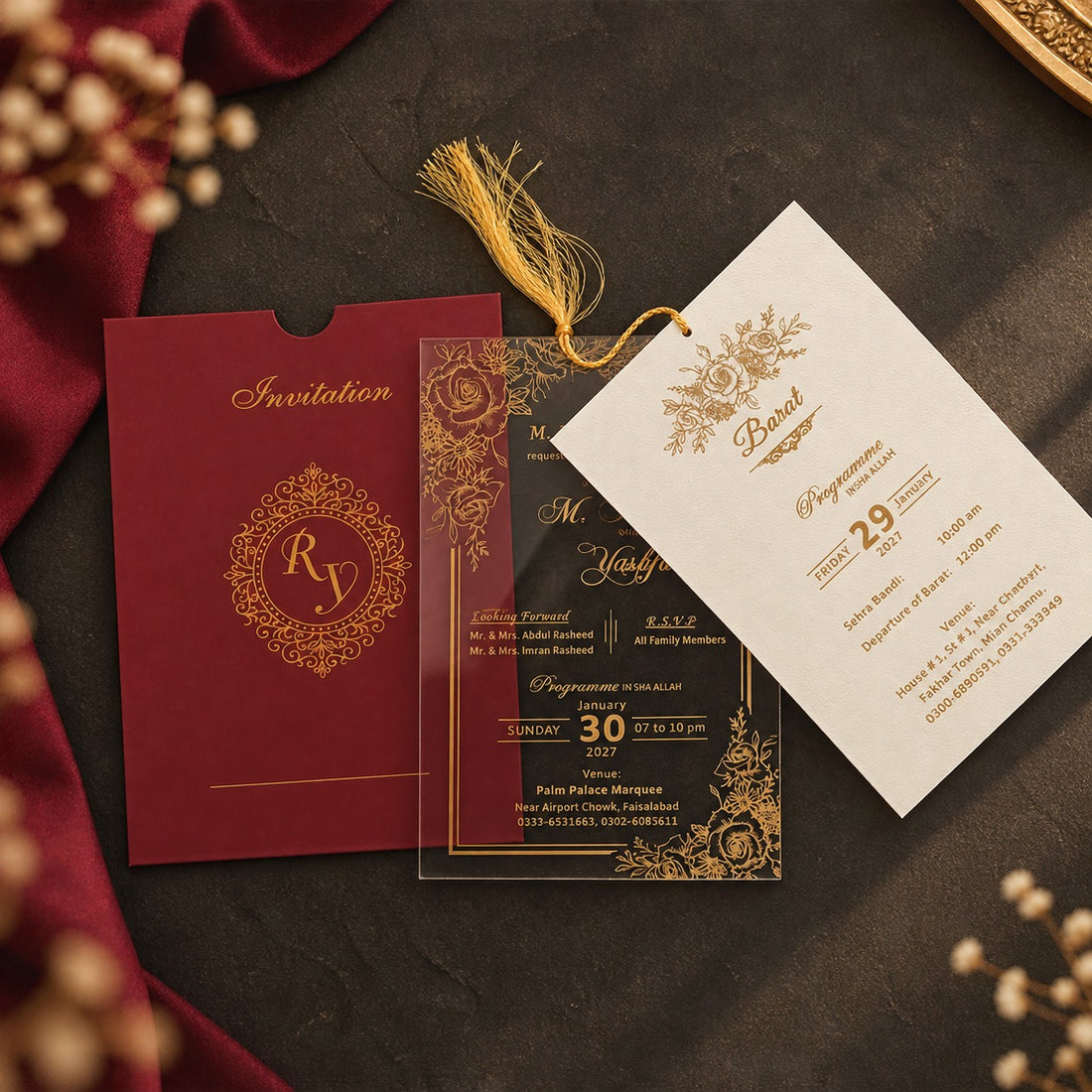 Luxury Burgundy Acrylic Wedding Invitation